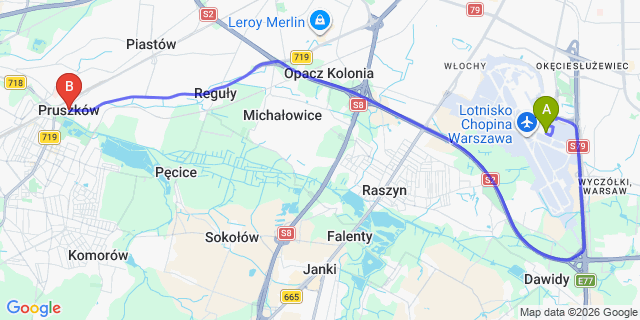 Map: Warsaw Chopin Airport (WAW) to Pruszkow