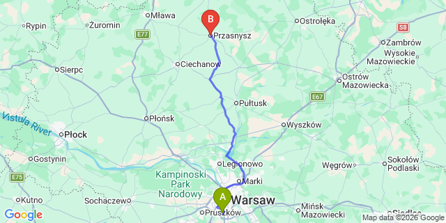 Map: Warsaw Chopin Airport (WAW) to Przasnysz