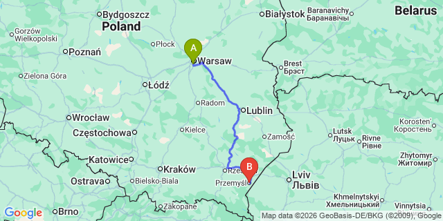 Map: Warsaw Chopin Airport (WAW) to Przemysl