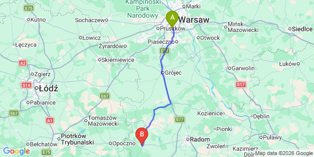 Map: Warsaw Chopin Airport (WAW) to Przysucha