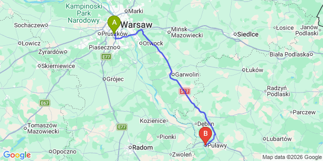 Map: Warsaw Chopin Airport (WAW) to Pulawy