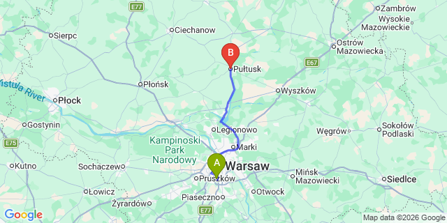 Map: Warsaw Chopin Airport (WAW) to Pultusk