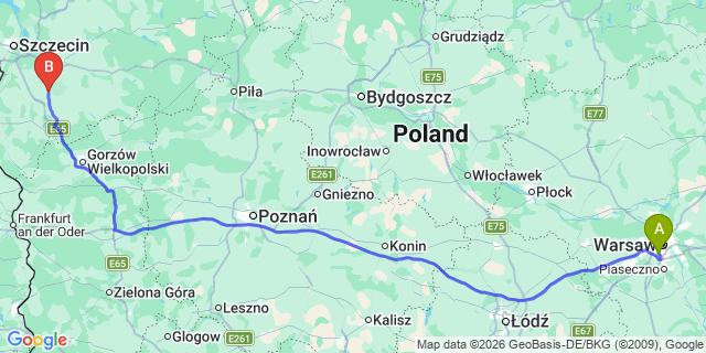 Map: Warsaw Chopin Airport (WAW) to Pyrzyce
