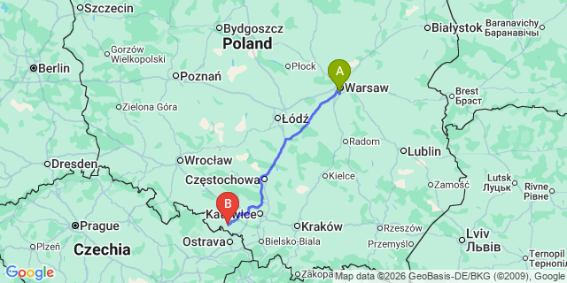 Map: Warsaw Chopin Airport (WAW) to Raciborz
