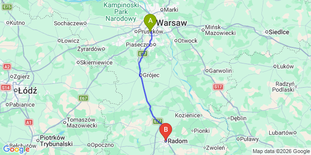 Map: Warsaw Chopin Airport (WAW) to Radom