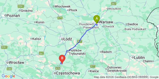 Map: Warsaw Chopin Airport (WAW) to Radomsko