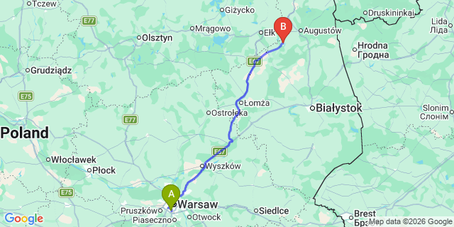 Map: Warsaw Chopin Airport (WAW) to Rajgrod