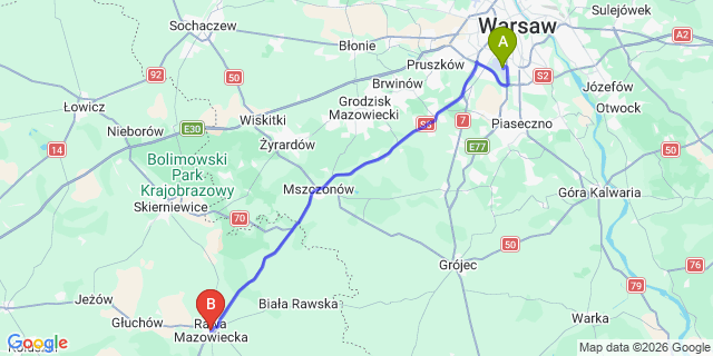 Map: Warsaw Chopin Airport (WAW) to Rawa Mazowiecka