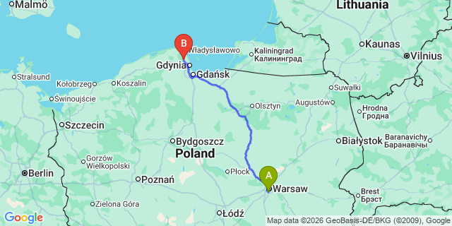 Map: Warsaw Chopin Airport (WAW) to Reda