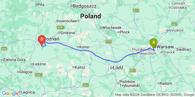 Map: Warsaw Chopin Airport (WAW) to Rogalin