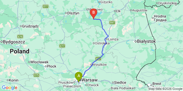 Map: Warsaw Chopin Airport (WAW) to Ruciane-Nida