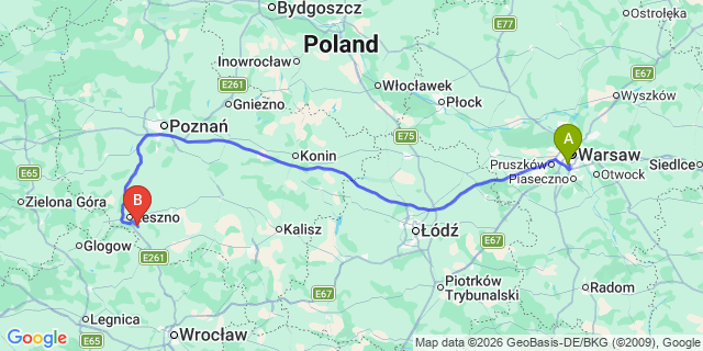 Map: Warsaw Chopin Airport (WAW) to Rydzyna