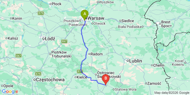 Map: Warsaw Chopin Airport (WAW) to Sandomierz