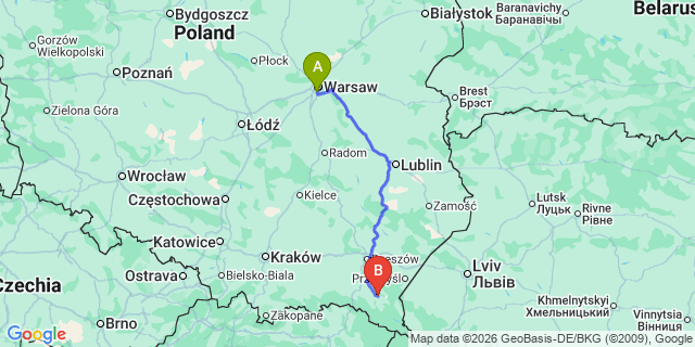 Map: Warsaw Chopin Airport (WAW) to Sanok