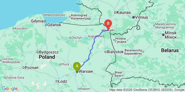 Map: Warsaw Chopin Airport (WAW) to Sejny