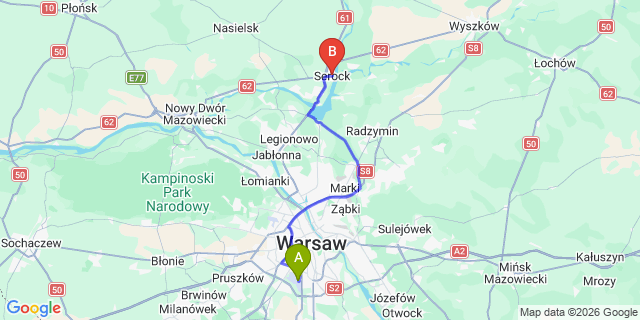 Map: Warsaw Chopin Airport (WAW) to Serock