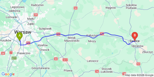 Map: Warsaw Chopin Airport (WAW) to Siedlce