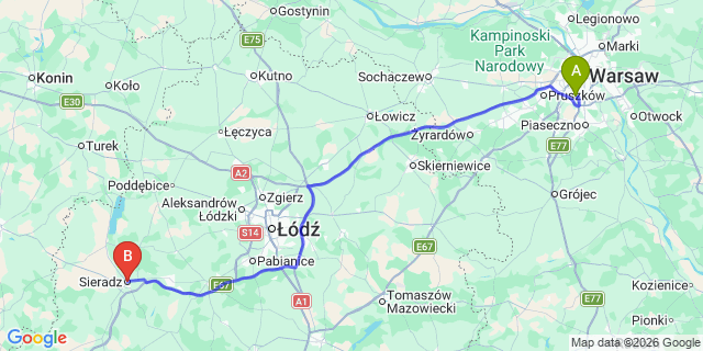 Map: Warsaw Chopin Airport (WAW) to Sieradz