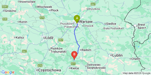 Map: Warsaw Chopin Airport (WAW) to Skarzysko Kamienna