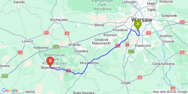 Map: Warsaw Chopin Airport (WAW) to Skierniewice