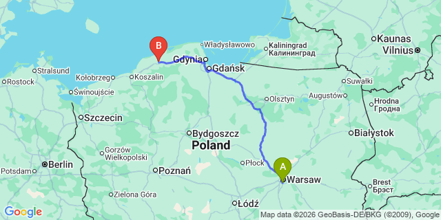 Map: Warsaw Chopin Airport (WAW) to Slupsk