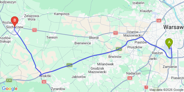 Map: Warsaw Chopin Airport (WAW) to Sochaczew