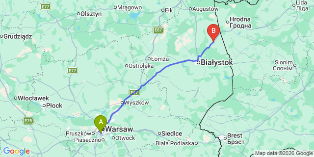 Map: Warsaw Chopin Airport (WAW) to Sokolka