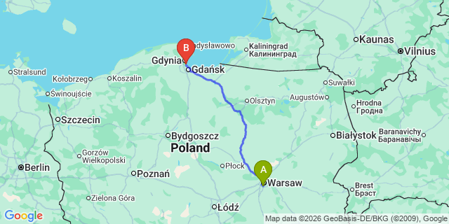 Map: Warsaw Chopin Airport (WAW) to Sopot