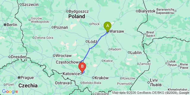Map: Warsaw Chopin Airport (WAW) to Sosnowiec