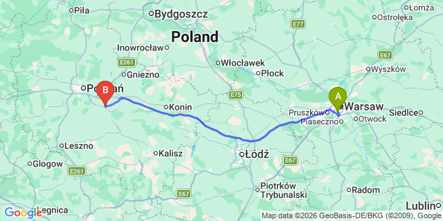 Map: Warsaw Chopin Airport (WAW) to Sroda Wielkopolska