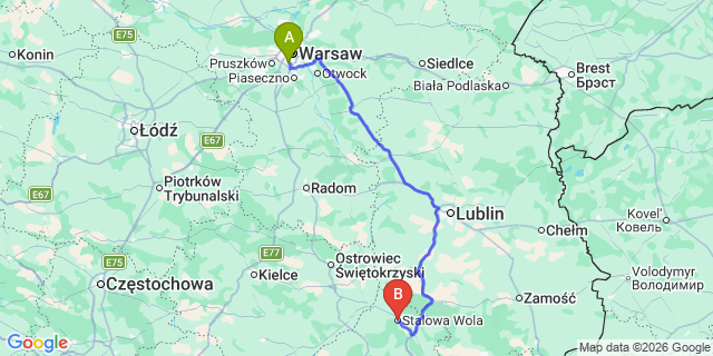 Map: Warsaw Chopin Airport (WAW) to Stalowa Wola
