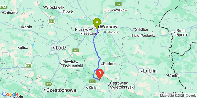 Map: Warsaw Chopin Airport (WAW) to Starachowice
