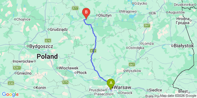 Map: Warsaw Chopin Airport (WAW) to Stare Jablonki