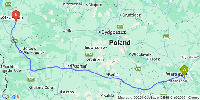 Map: Warsaw Chopin Airport (WAW) to Stargard Szczecinski