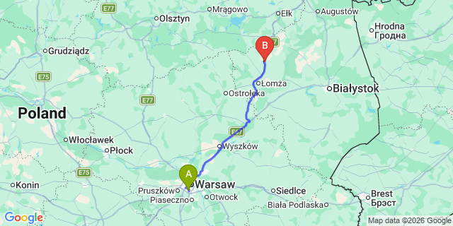 Map: Warsaw Chopin Airport (WAW) to Stawiski
