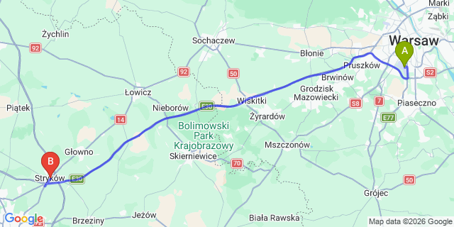 Map: Warsaw Chopin Airport (WAW) to Strykow