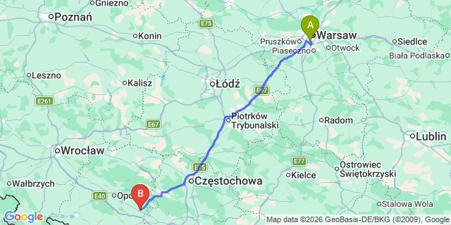 Map: Warsaw Chopin Airport (WAW) to Strzelce Opolskie