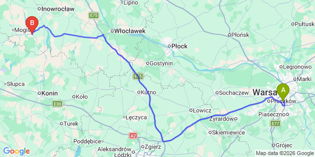 Map: Warsaw Chopin Airport (WAW) to Strzelno