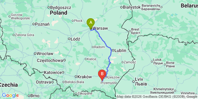 Map: Warsaw Chopin Airport (WAW) to Strzyzowa