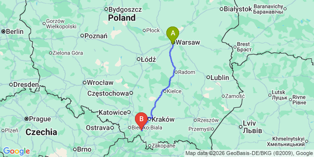 Map: Warsaw Chopin Airport (WAW) to Sucha Beskidzka