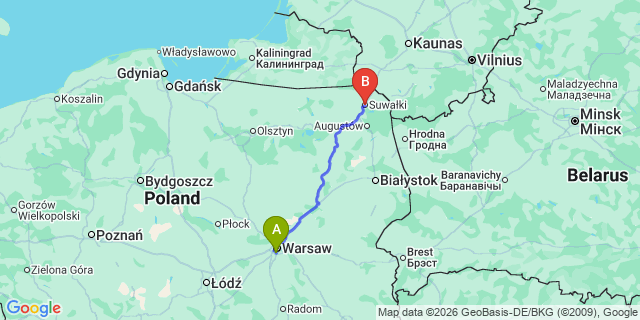Map: Warsaw Chopin Airport (WAW) to Suwalki