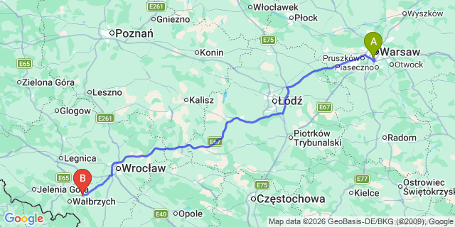 Map: Warsaw Chopin Airport (WAW) to Swidnica