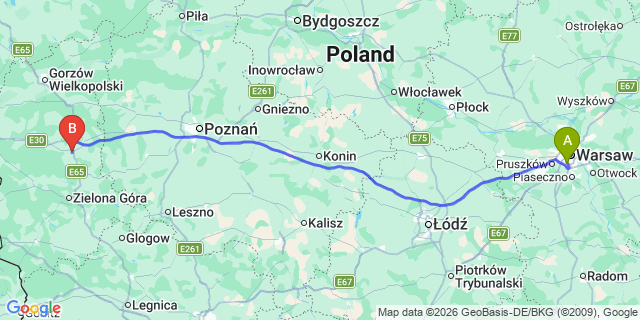 Map: Warsaw Chopin Airport (WAW) to Swiebodzin