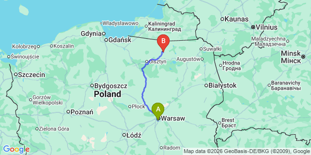 Map: Warsaw Chopin Airport (WAW) to Swieta Lipka