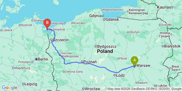 Map: Warsaw Chopin Airport (WAW) to Swinoujscie