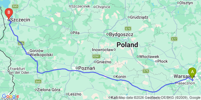 Map: Warsaw Chopin Airport (WAW) to Szczecin