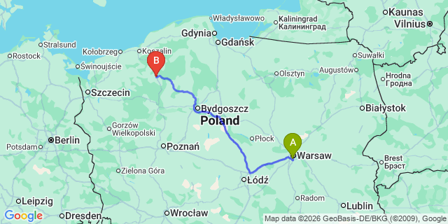 Map: Warsaw Chopin Airport (WAW) to Szczecinek