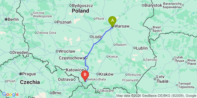 Map: Warsaw Chopin Airport (WAW) to Szczyrk