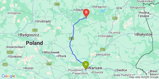 Map: Warsaw Chopin Airport (WAW) to Szczytno