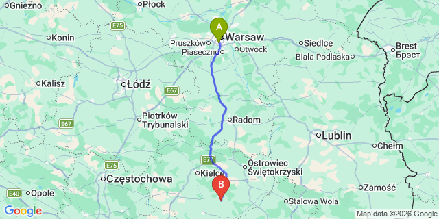 Map: Warsaw Chopin Airport (WAW) to Szydlow